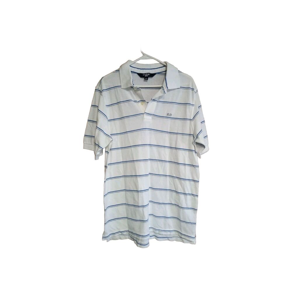 LION White/Blue Striped Cotton Short Sleeve Golf Polo, Men's Size M, Lion Logo